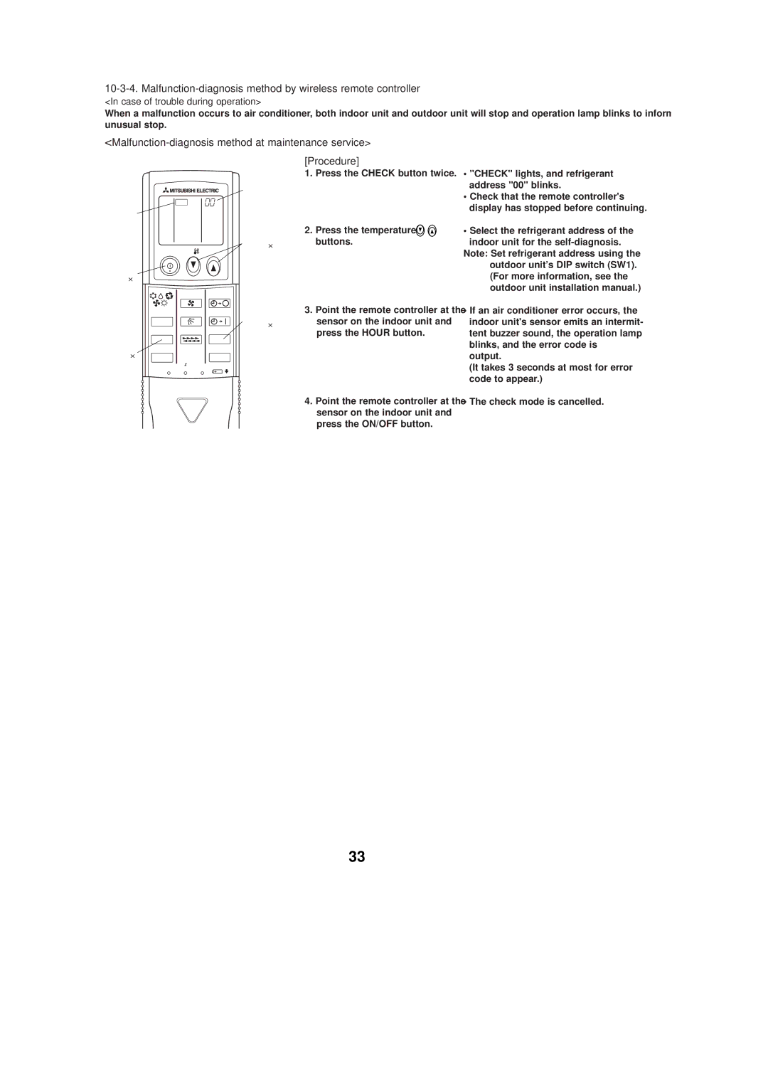 Mitsubishi Electronics PUZ-A24NHA2, PUZ-A42NHA2-BS Malfunction-diagnosis method by wireless remote controller, Procedure 