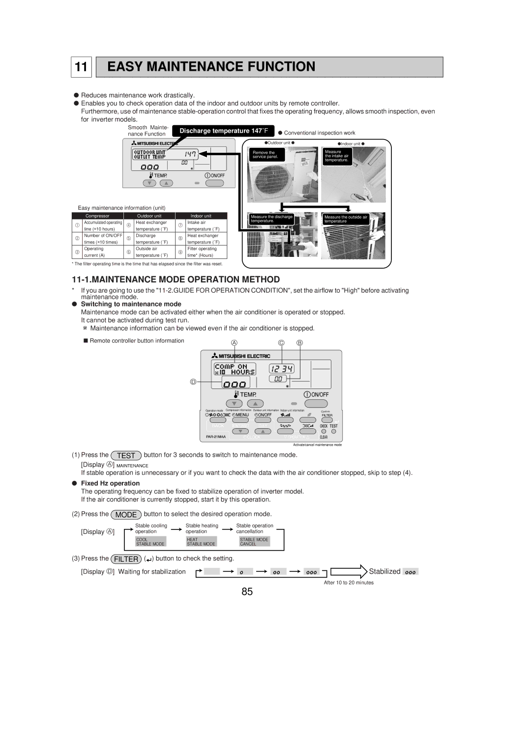 Mitsubishi Electronics PUZ-A24NHA2-BS Easy Maintenance Function, Maintenance Mode Operation Method, Fixed Hz operation 