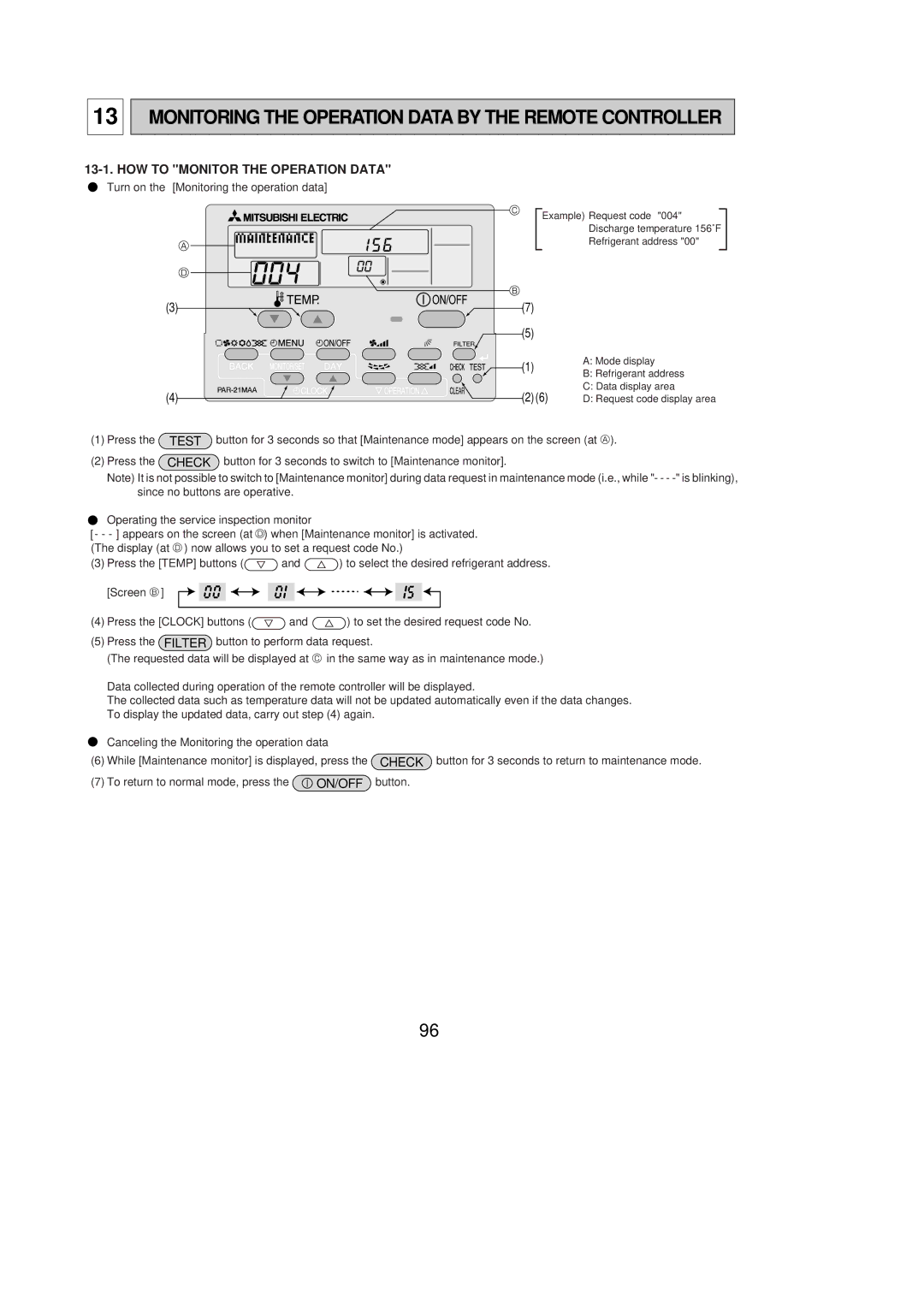 Mitsubishi Electronics PUY-A24NHA2 Turn on the Monitoring the operation data, Press, To return to normal mode, press 