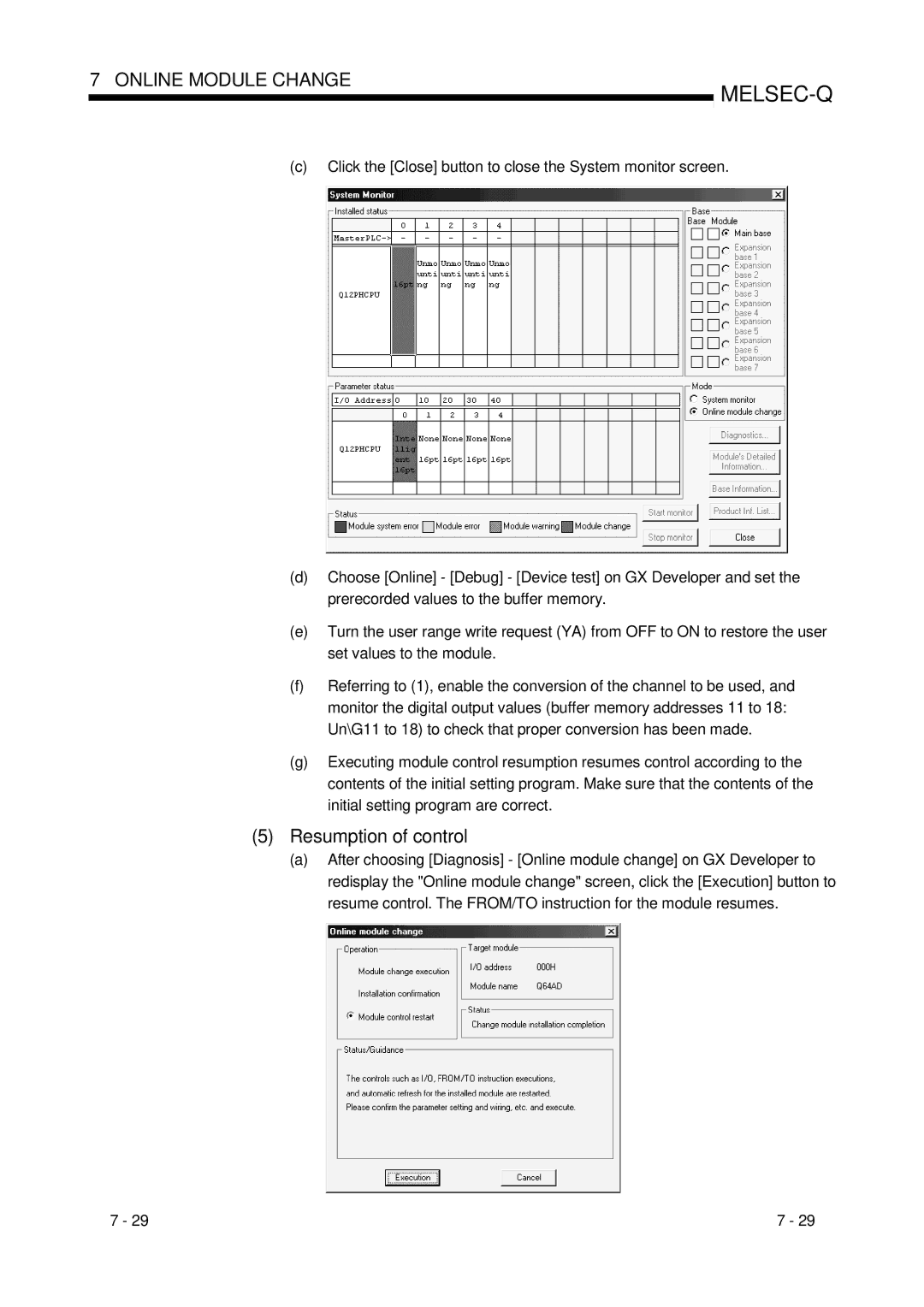 Mitsubishi Electronics Q68ADV, Q68ADI, Q64AD user manual Resumption of control 