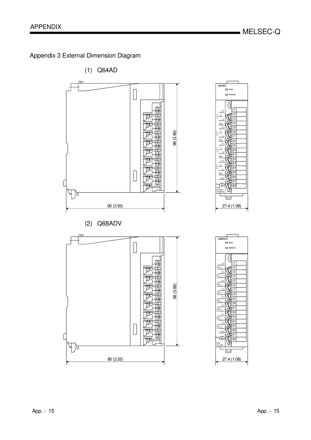 Mitsubishi Electronics Q68ADI, Q68ADV user manual Appendix 3 External Dimension Diagram Q64AD 