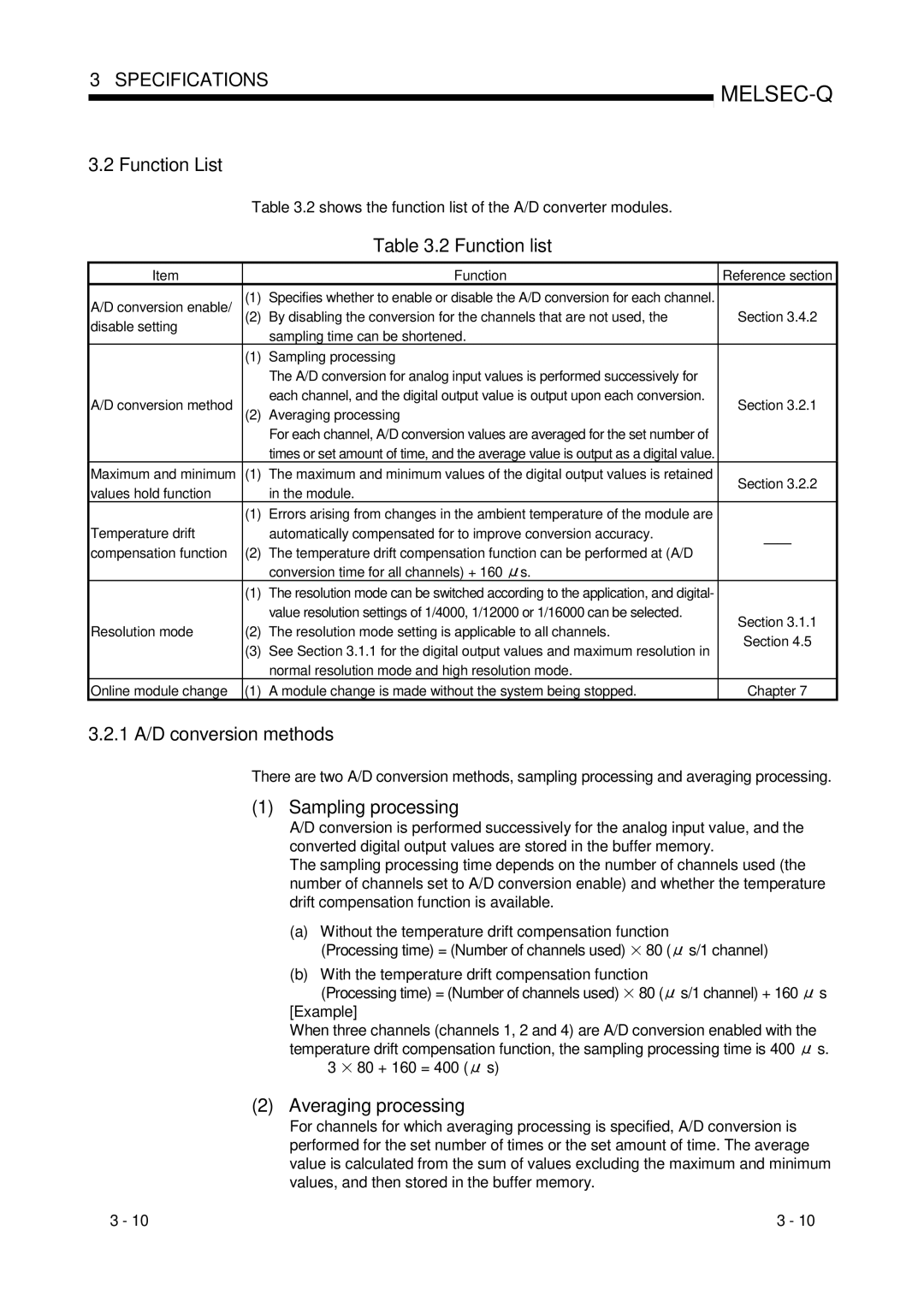 Mitsubishi Electronics Q68ADI, Q68ADV Function List, 1 A/D conversion methods, Sampling processing, Averaging processing 