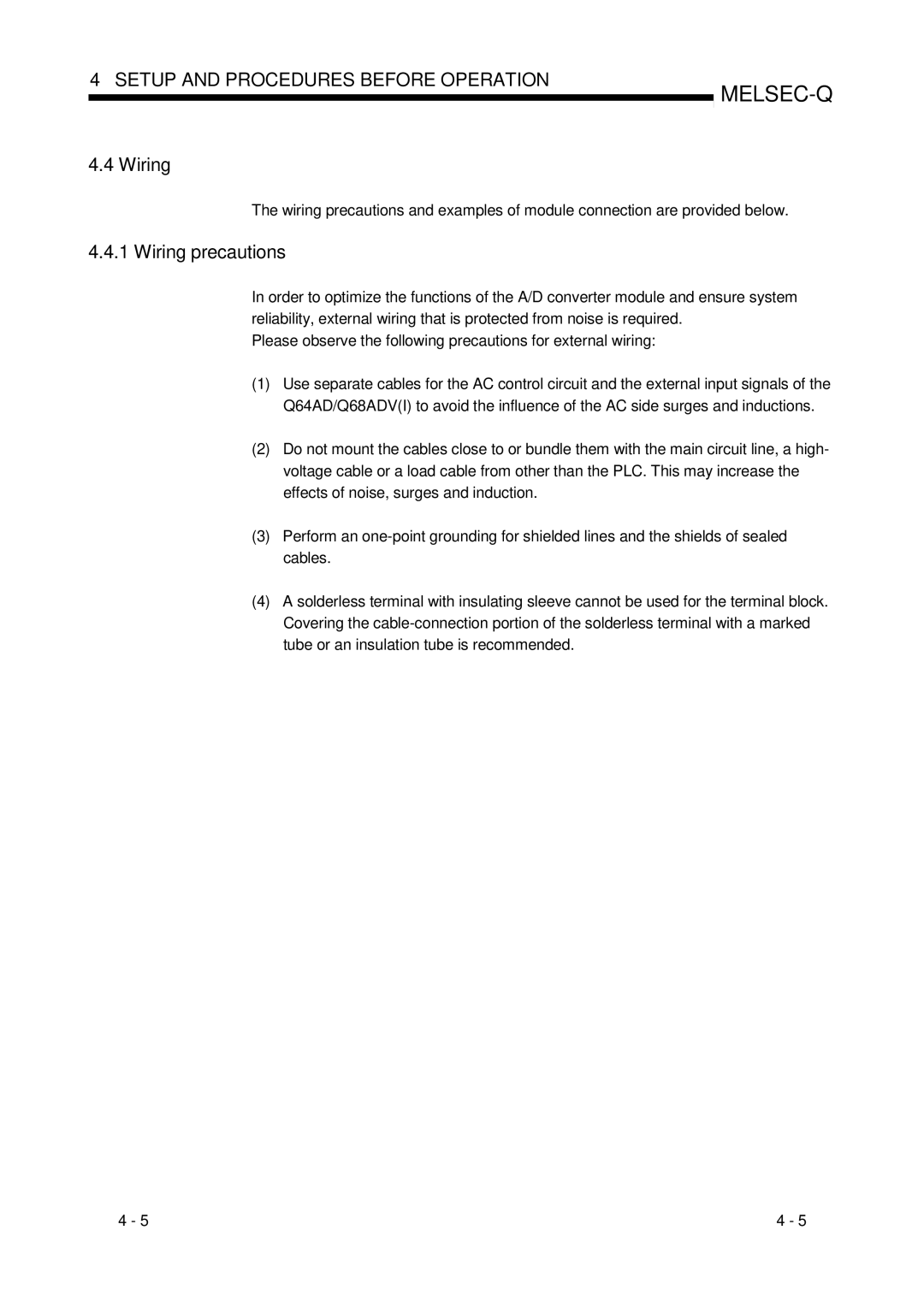 Mitsubishi Electronics Q68ADI, Q68ADV, Q64AD user manual Wiring precautions 