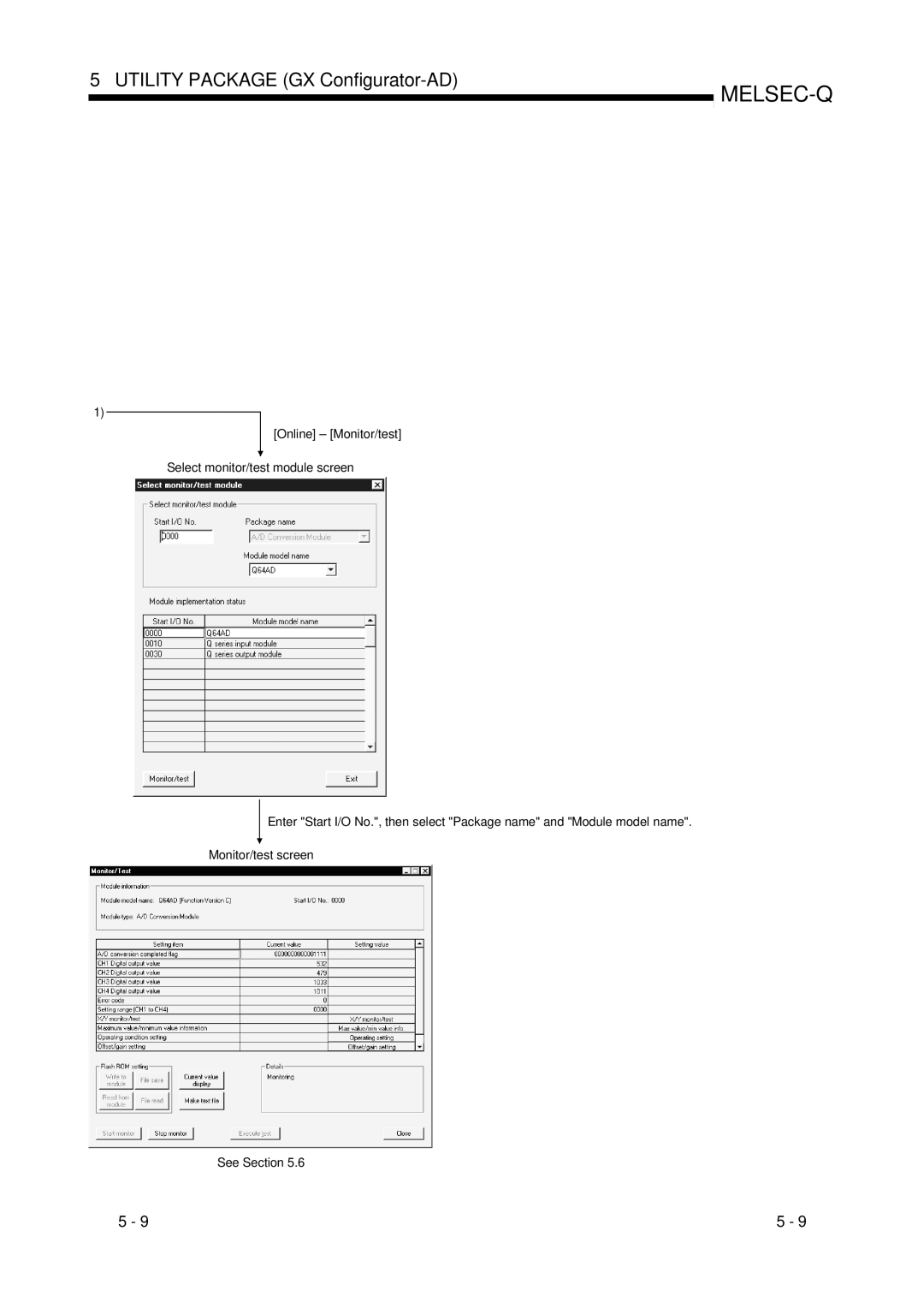 Mitsubishi Electronics Q64AD, Q68ADI, Q68ADV user manual Online Monitor/test Select monitor/test module screen 