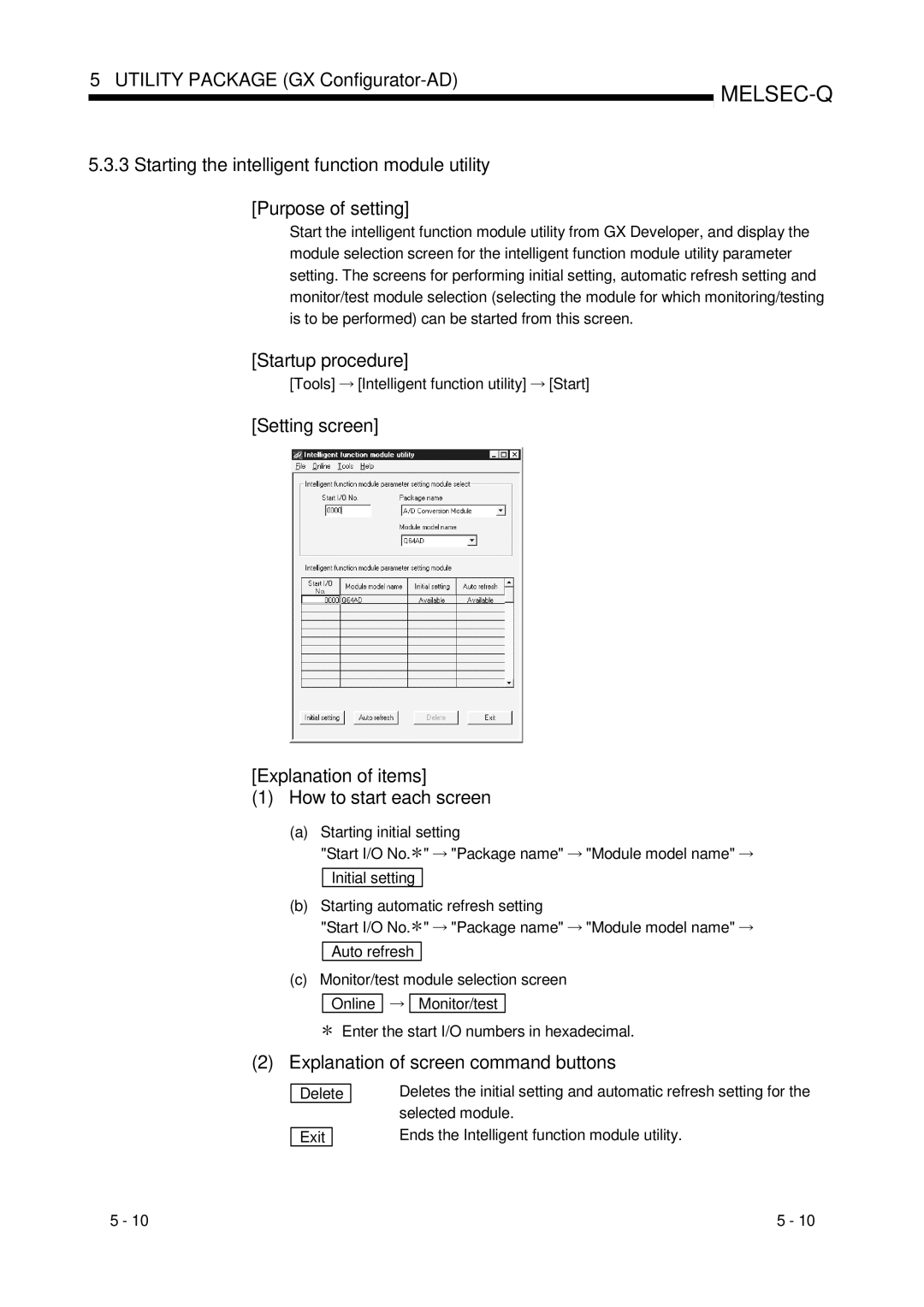 Mitsubishi Electronics Q68ADI, Q68ADV Explanation of screen command buttons, Tools Intelligent function utility Start 