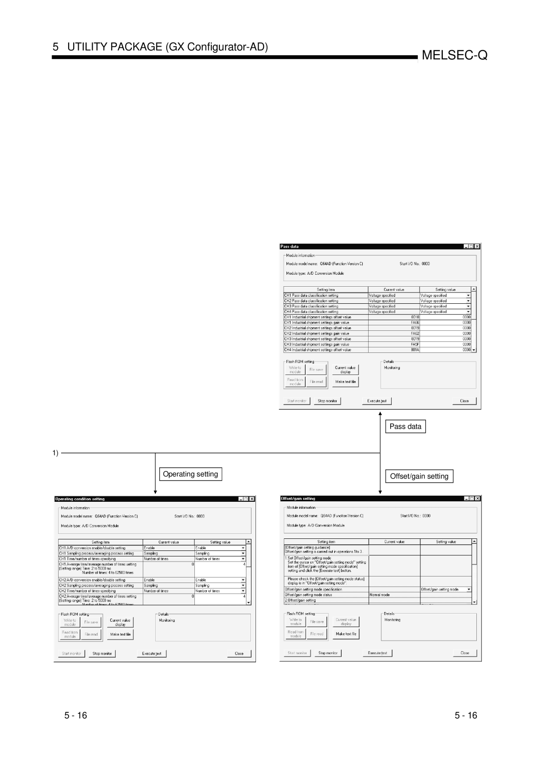 Mitsubishi Electronics Q68ADI, Q68ADV, Q64AD user manual Operating setting Pass data Offset/gain setting 