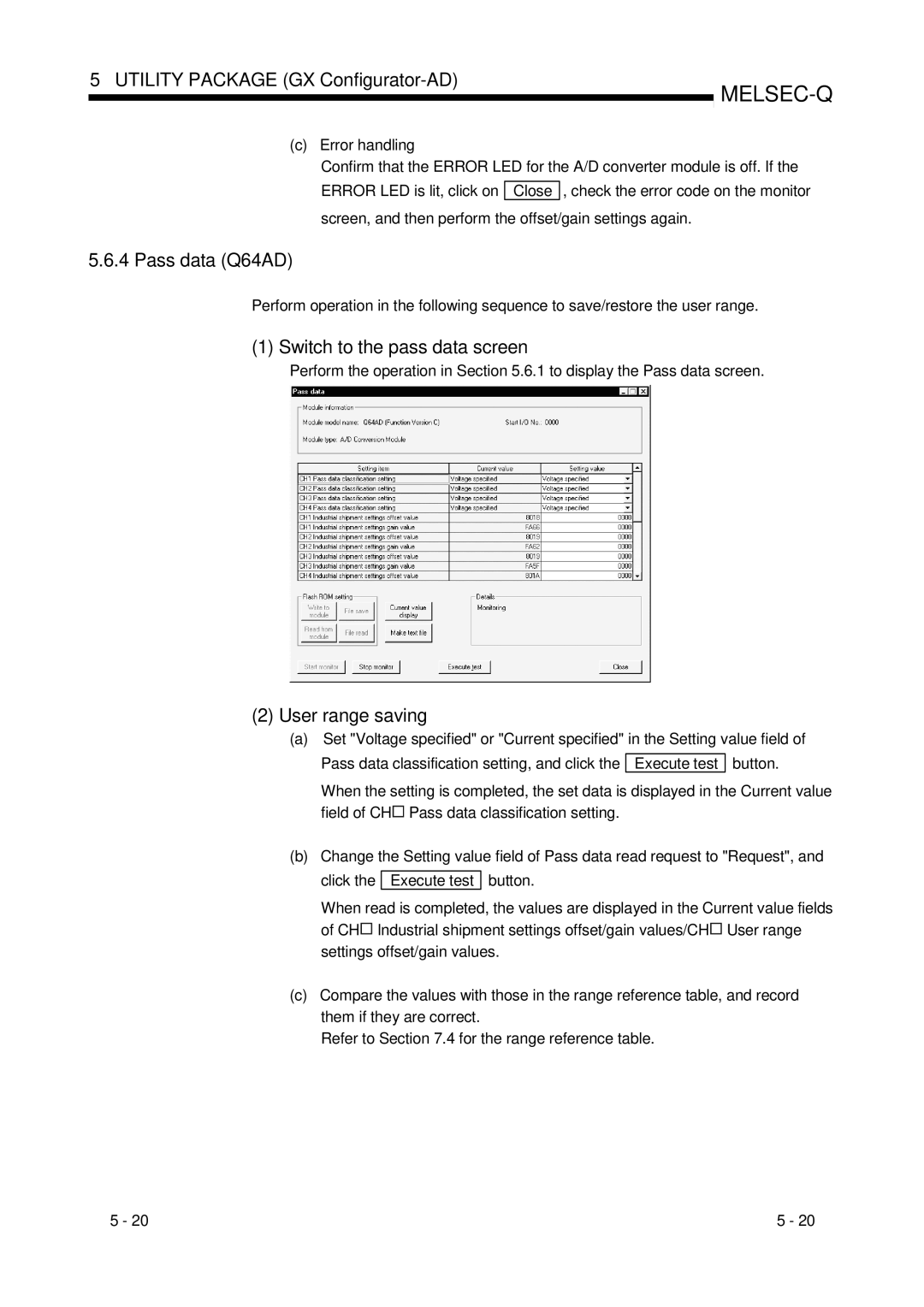 Mitsubishi Electronics Q68ADV, Q68ADI user manual Pass data Q64AD, Switch to the pass data screen, User range saving 