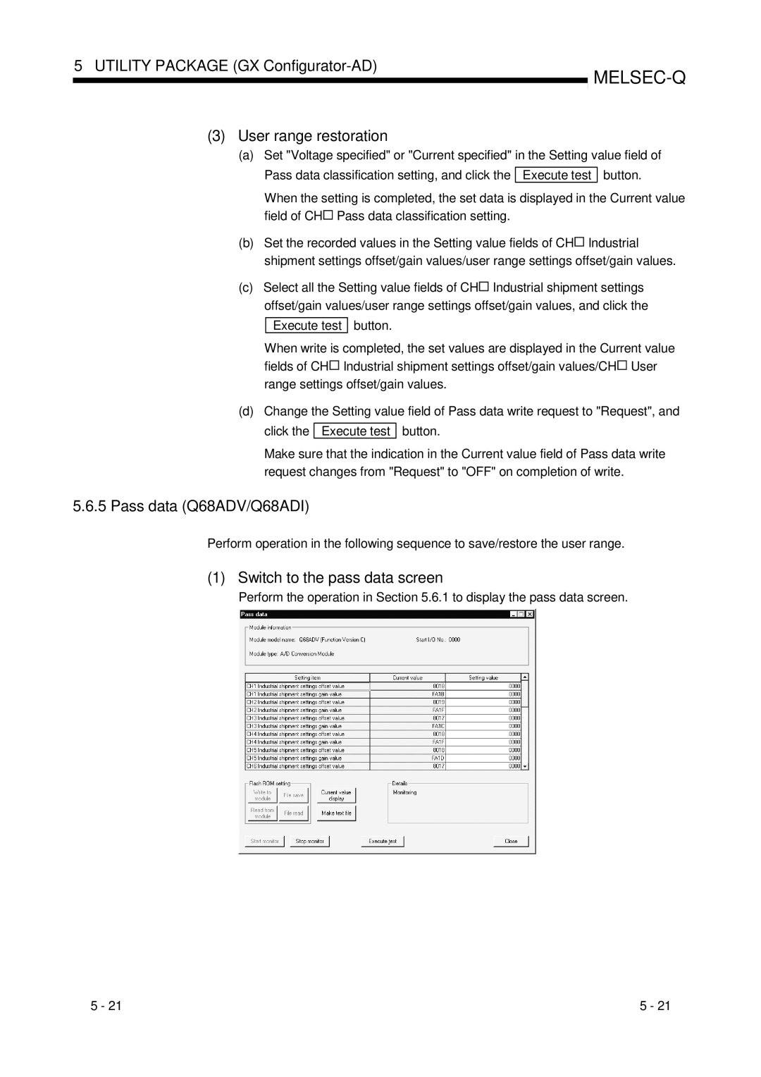 Mitsubishi Electronics Q64AD user manual Utility Package GX Configurator-AD User range restoration, Pass data Q68ADV/Q68ADI 