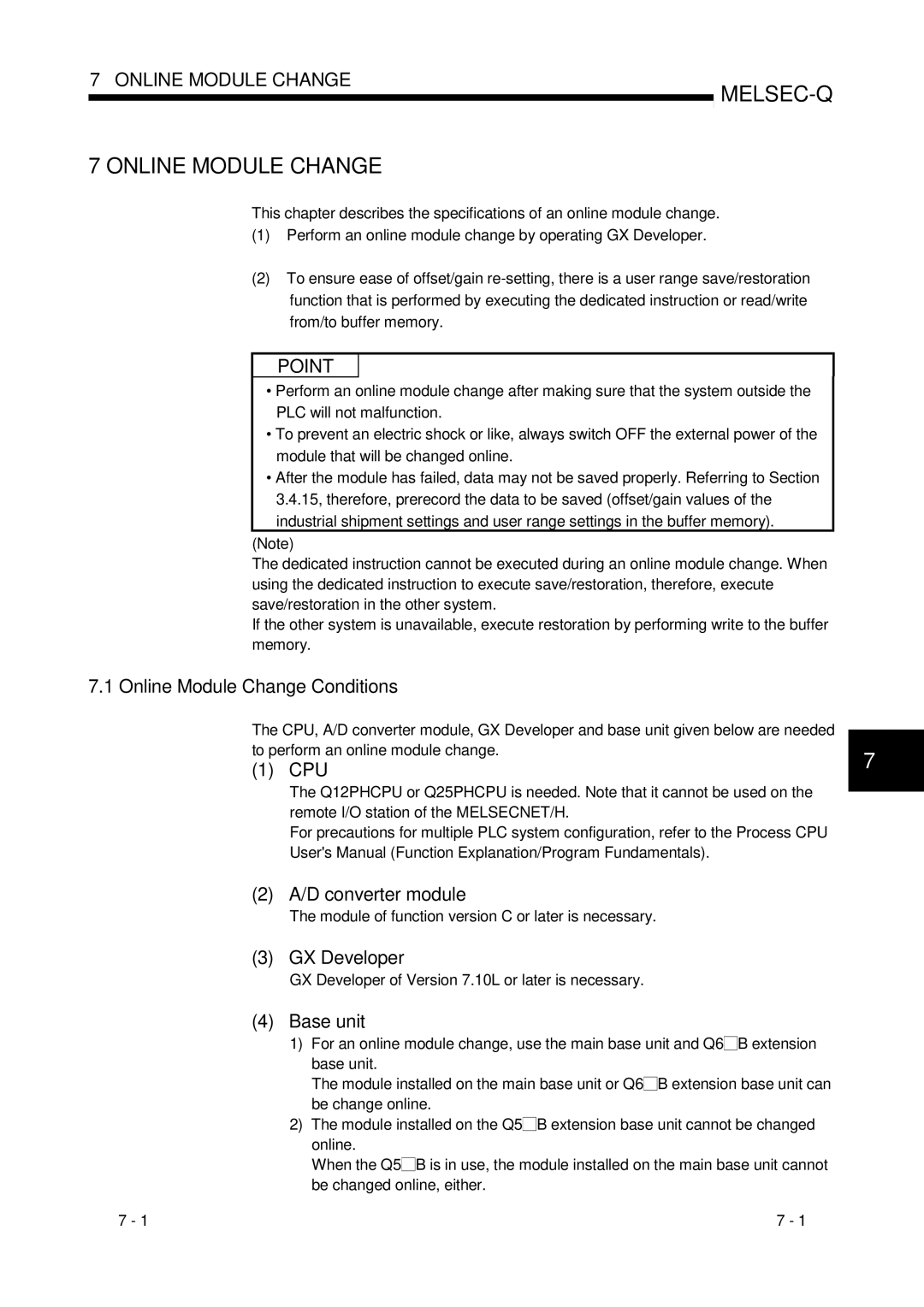 Mitsubishi Electronics Q68ADI, Q68ADV, Q64AD Online Module Change Conditions, Converter module, GX Developer, Base unit 
