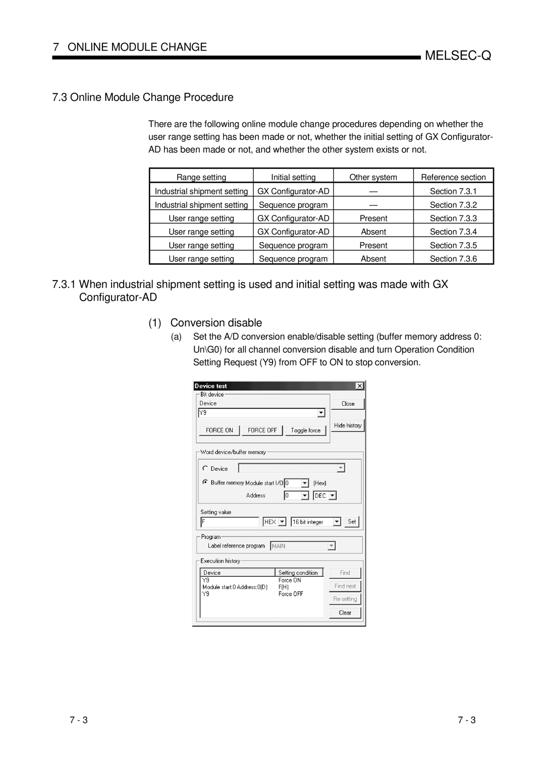 Mitsubishi Electronics Q64AD Online Module Change Procedure, Range setting Initial setting Other system Reference section 