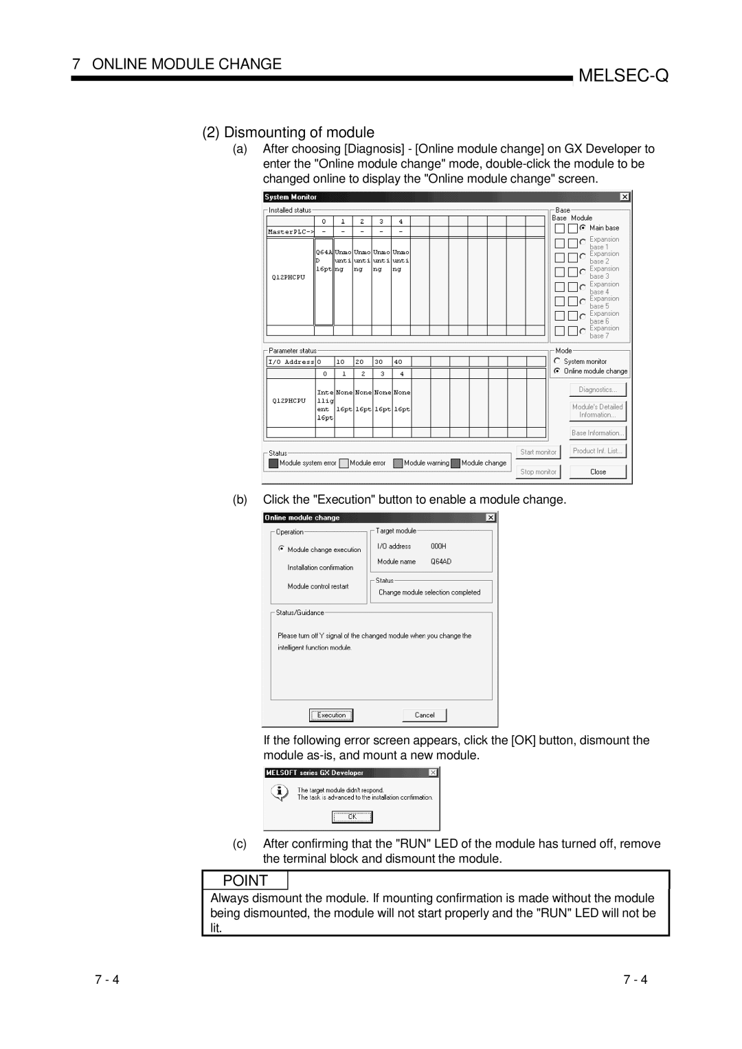 Mitsubishi Electronics Q68ADI, Q68ADV, Q64AD user manual Dismounting of module 