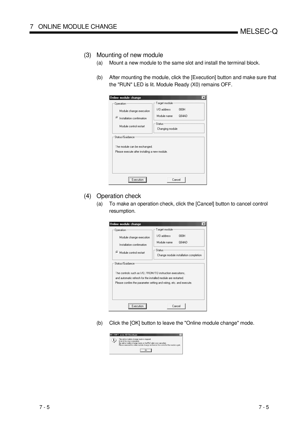 Mitsubishi Electronics Q68ADV, Q68ADI, Q64AD user manual Mounting of new module, Operation check 