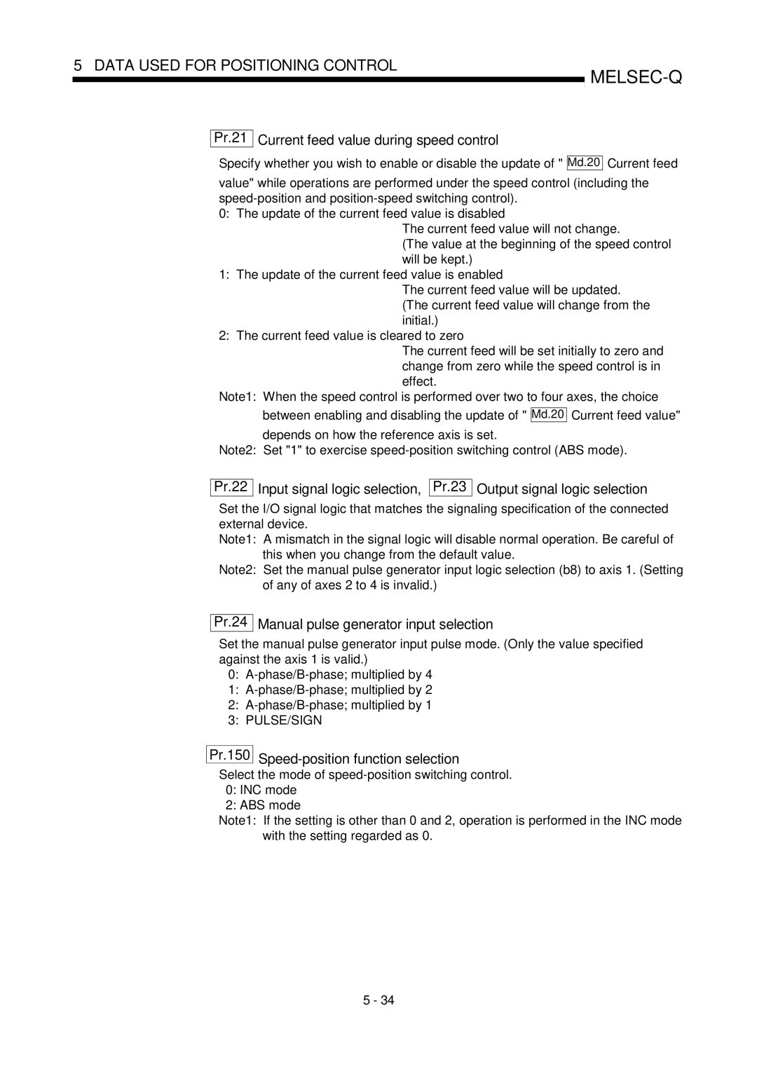 Mitsubishi Electronics QD75P Pr.21 Current feed value during speed control, Pr.24 Manual pulse generator input selection 