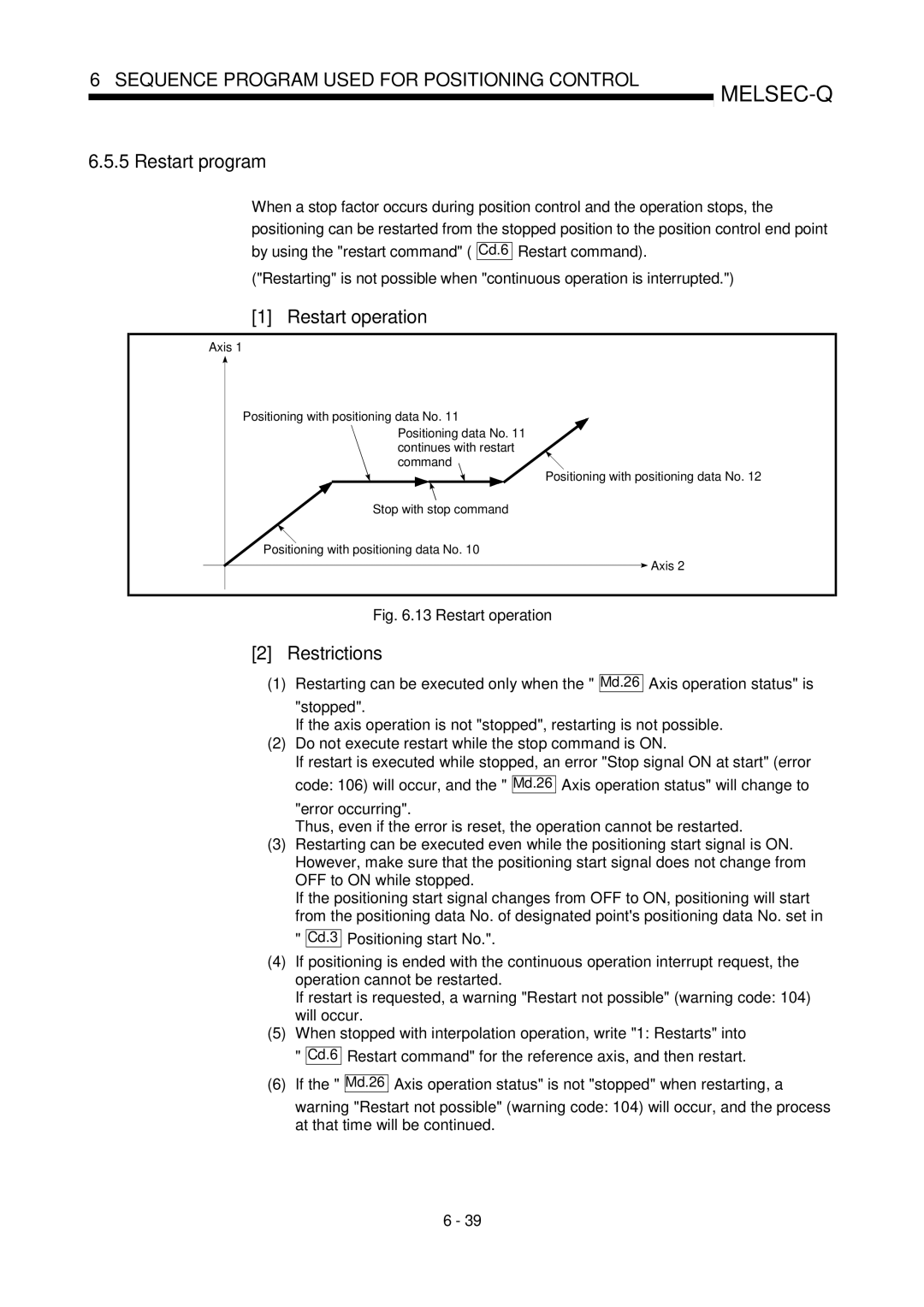 Mitsubishi Electronics QD75D, QD75P user manual Restart program, Restart operation, Cd.3, Stop with stop command 