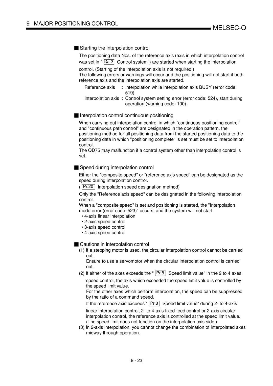 Mitsubishi Electronics QD75D Starting the interpolation control, Interpolation control continuous positioning, Pr.20 