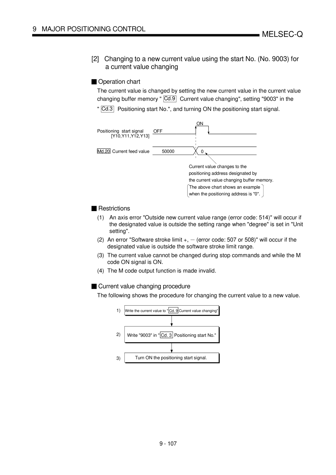 Mitsubishi Electronics QD75D, QD75P user manual Current value changing procedure, Current value changing, setting 9003, Cd.9 