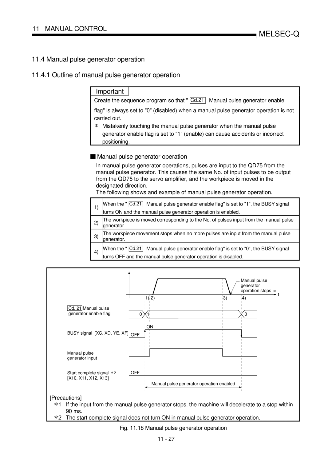 Mitsubishi Electronics QD75D, QD75P user manual Manual pulse generator operation, Create the sequence program so that, Cd.21 