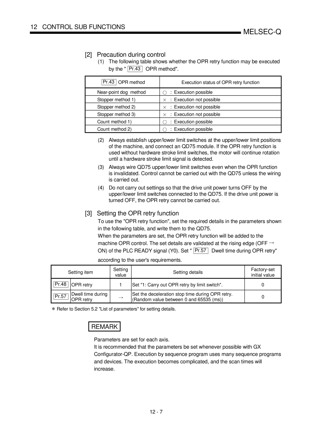 Mitsubishi Electronics QD75D, QD75P Precaution during control, Setting the OPR retry function, Dwell time during OPR retry 