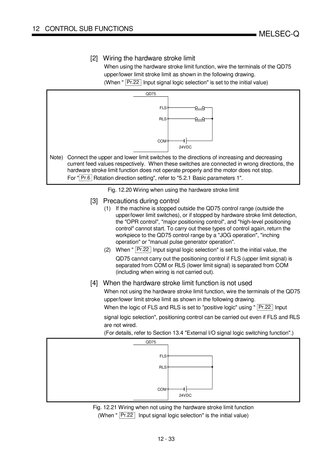 Mitsubishi Electronics QD75D Wiring the hardware stroke limit, When the hardware stroke limit function is not used, Pr.22 