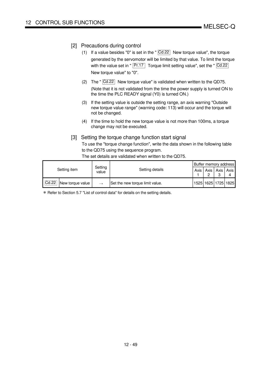 Mitsubishi Electronics QD75D, QD75P user manual Setting the torque change function start signal, If a value besides 0 is set 