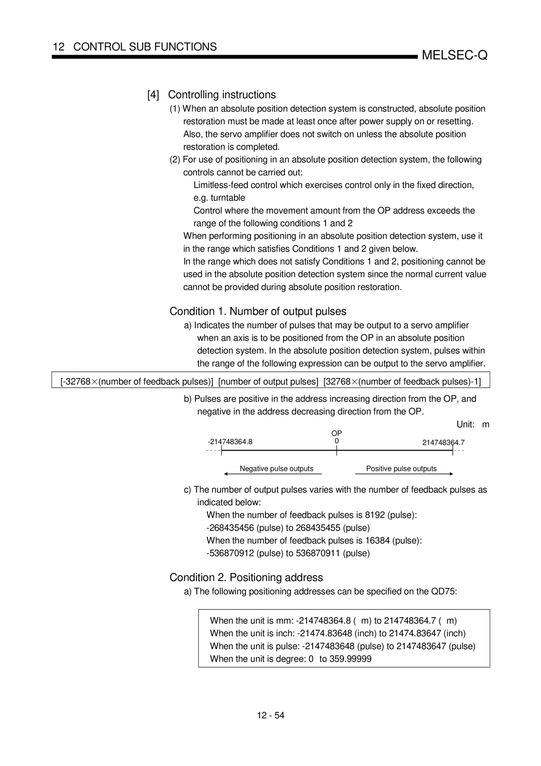 Mitsubishi Electronics QD75P, QD75D user manual Controlling instructions, Condition 1. Number of output pulses, Unit ∝ m 