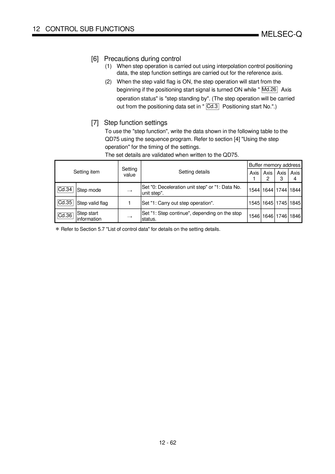 Mitsubishi Electronics QD75P Step function settings, Set 0 Deceleration unit step or 1 Data No Cd.34 Step mode, Unit step 