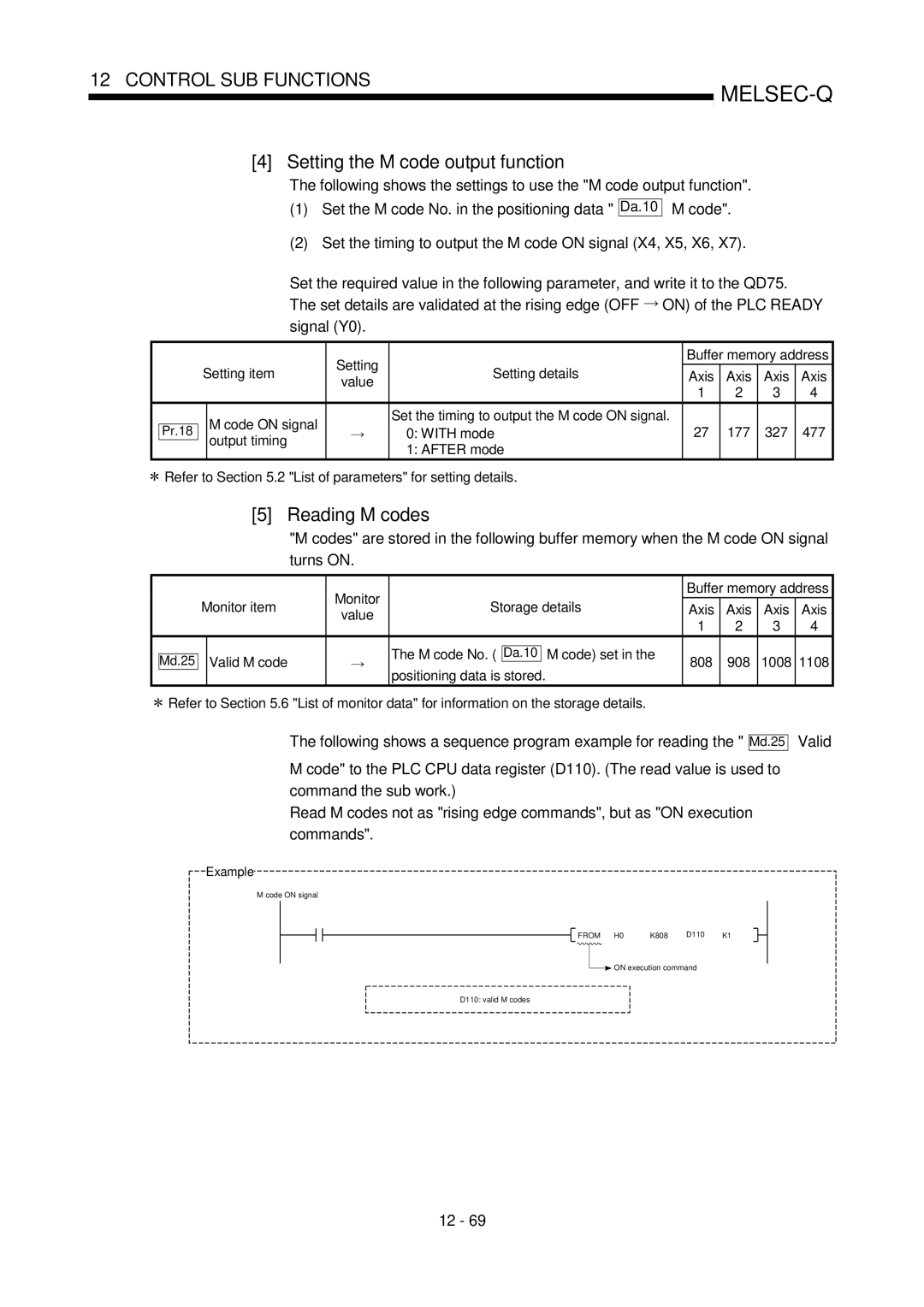 Mitsubishi Electronics QD75D Setting the M code output function, Reading M codes, M code No Code set, Pr.18, Da.10 Md.25 