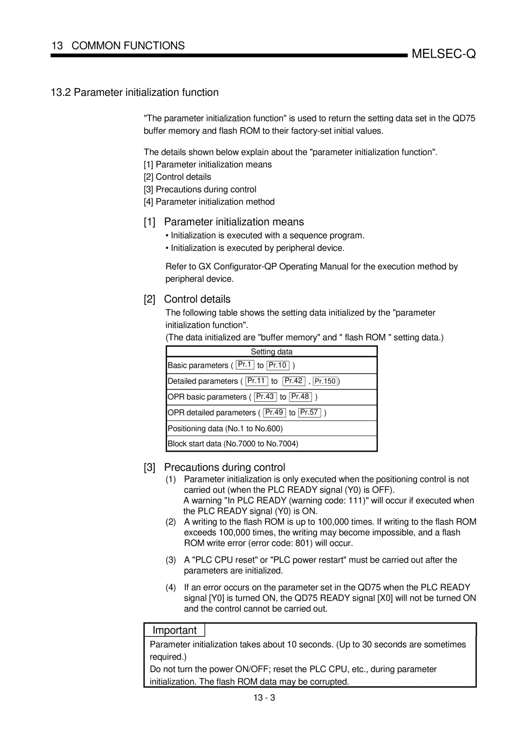 Mitsubishi Electronics QD75D, QD75P user manual Parameter initialization function, Parameter initialization means 