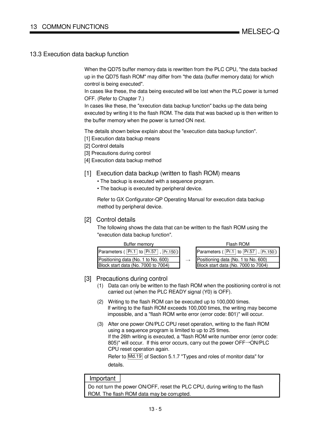 Mitsubishi Electronics QD75D Execution data backup function, Execution data backup written to flash ROM means, Md.19 