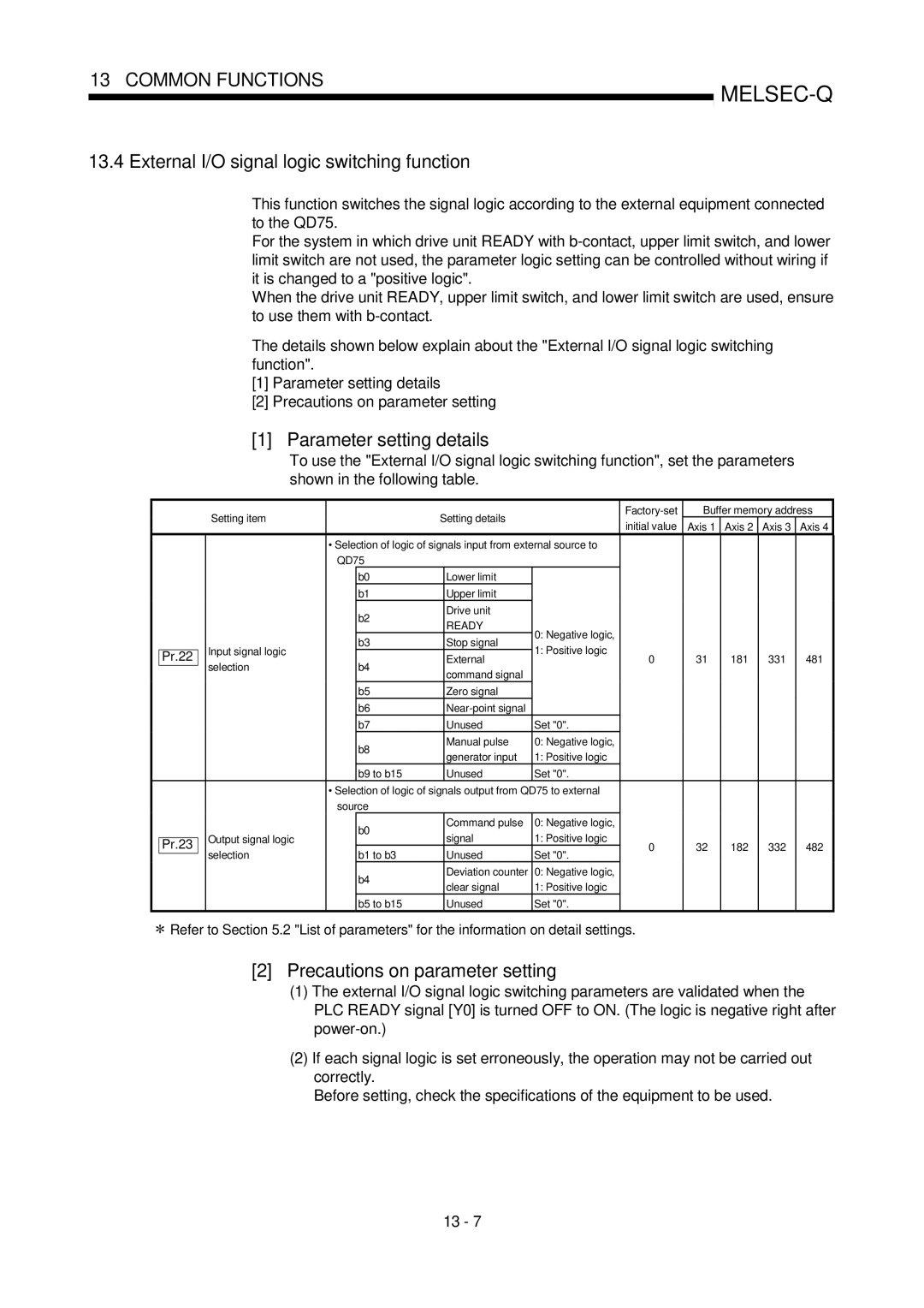 Mitsubishi Electronics QD75D, QD75P user manual External I/O signal logic switching function, Parameter setting details 