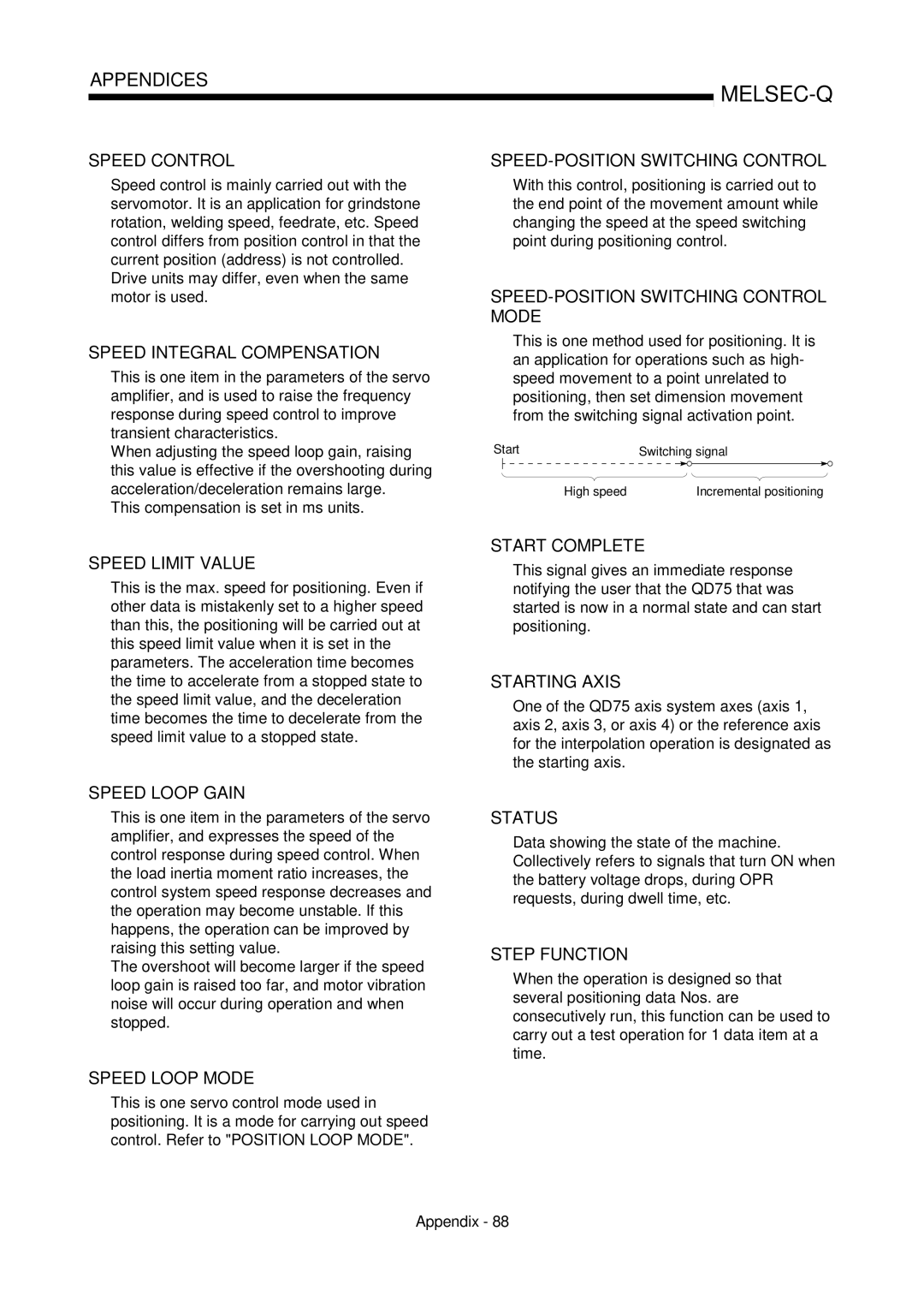 Mitsubishi Electronics QD75P, QD75D user manual Speed Control, Start Switching signal High speed Incremental positioning 