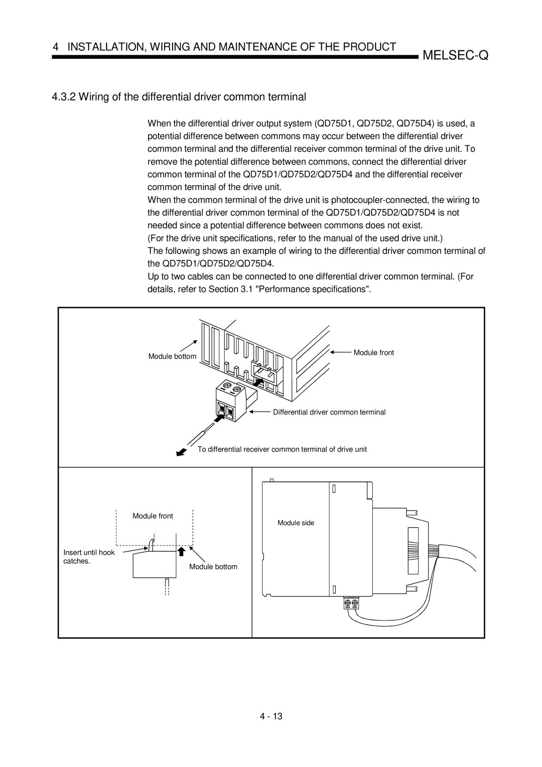 Mitsubishi Electronics QD75D Wiring of the differential driver common terminal, Insert until hook Catches Module bottom 