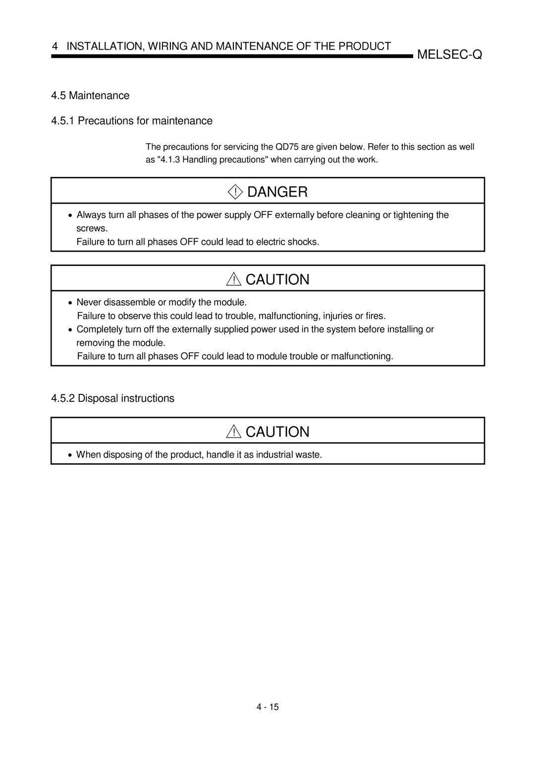 Mitsubishi Electronics QD75D, QD75P user manual Maintenance Precautions for maintenance, Disposal instructions 