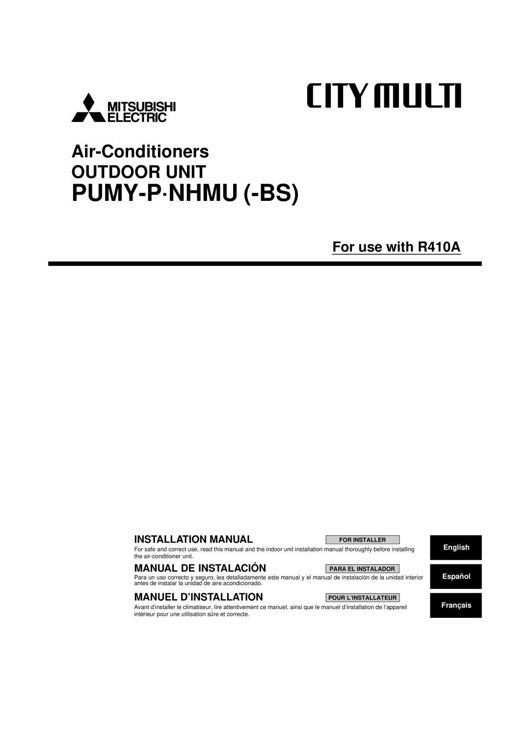 Mitsubishi Electronics R410A installation manual Pumy-P·Nhmu -Bs 