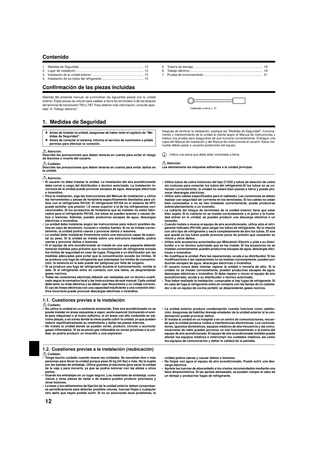 Mitsubishi Electronics R410A installation manual Contenido, Confirmación de las piezas incluidas, Medidas de Seguridad 