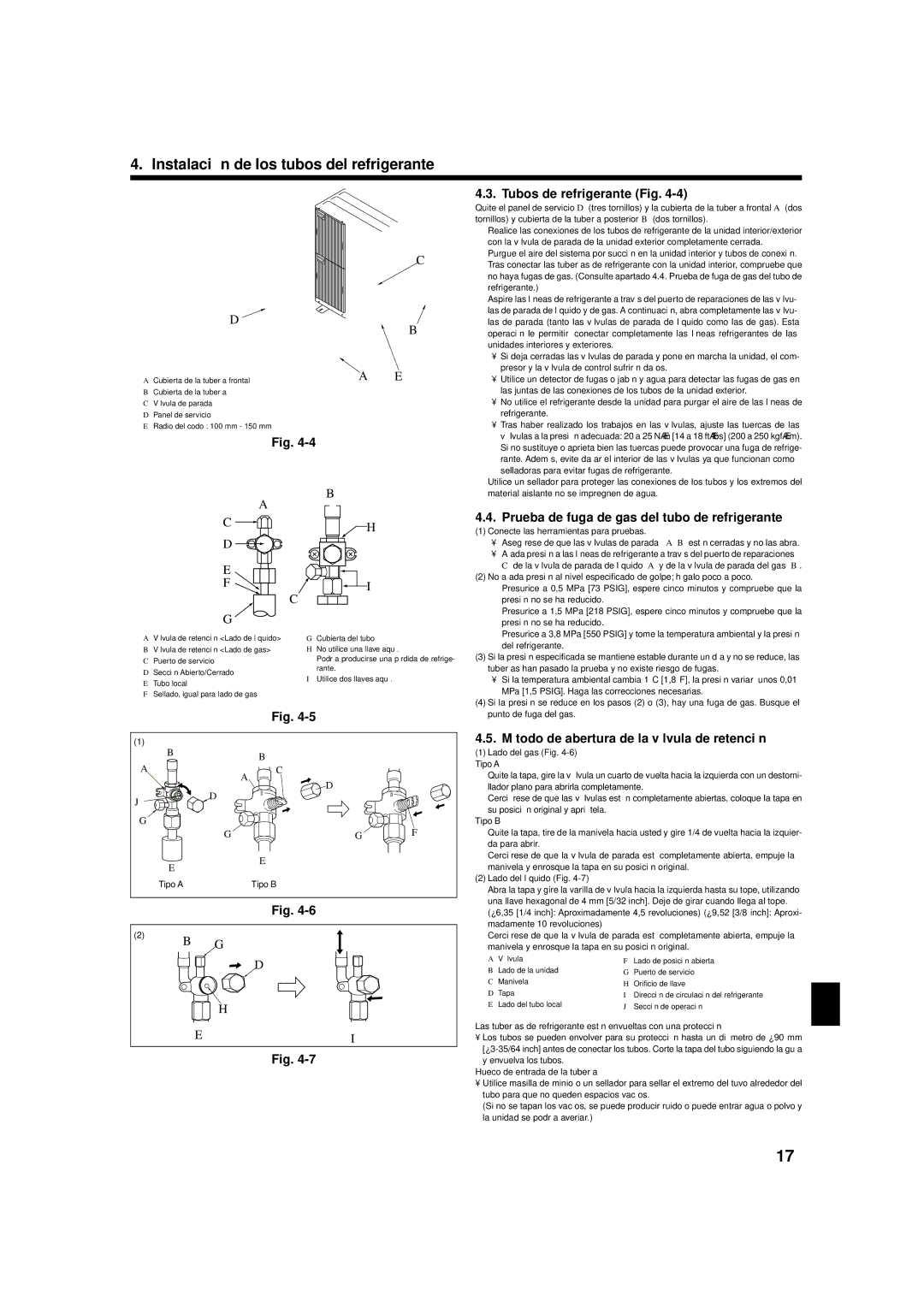 Mitsubishi Electronics R410A installation manual Tubos de refrigerante Fig, Prueba de fuga de gas del tubo de refrigerante 