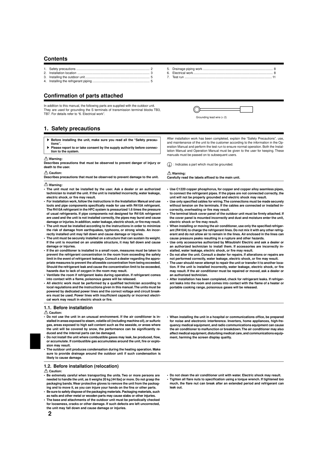 Mitsubishi Electronics R410A installation manual Contents, Confirmation of parts attached, Safety precautions 