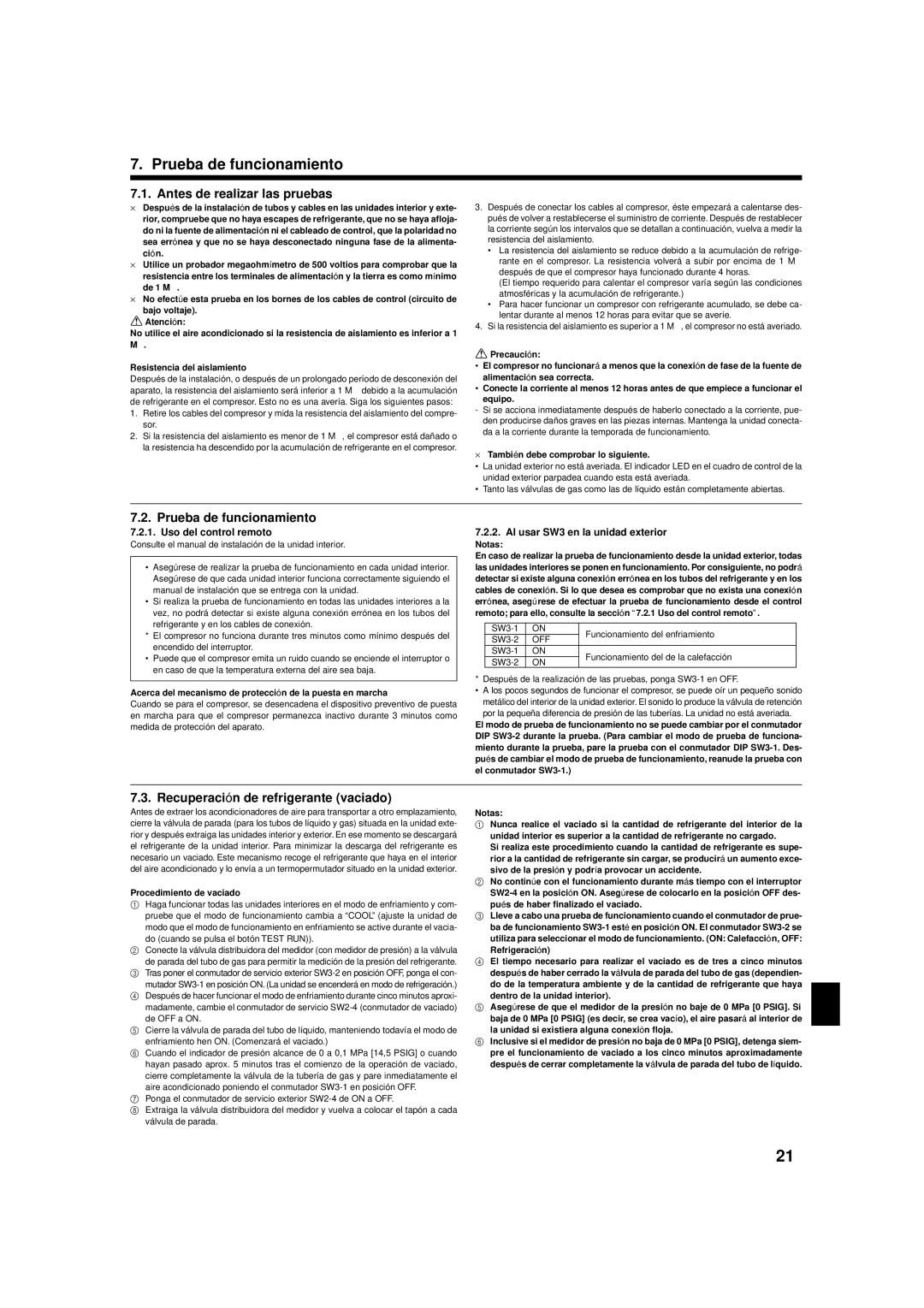 Mitsubishi Electronics R410A Prueba de funcionamiento, Antes de realizar las pruebas, Recuperación de refrigerante vaciado 