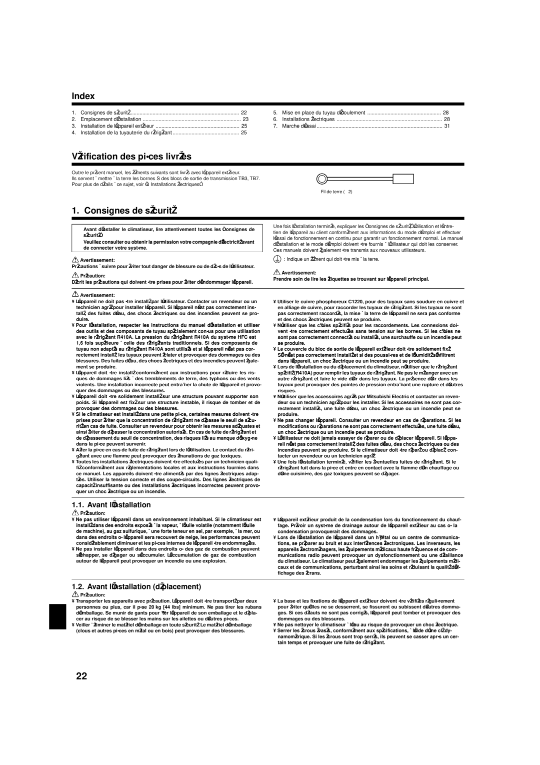 Mitsubishi Electronics R410A Index, Vérification des pièces livrées, Consignes de sécurité, Avant l’installation 