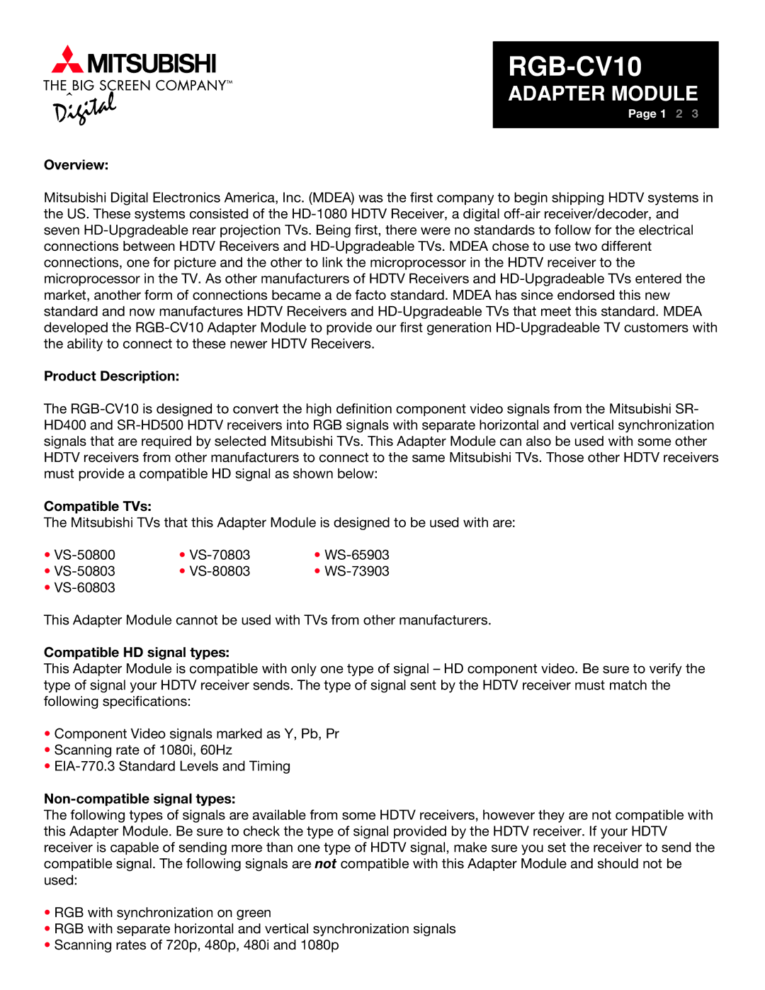 Mitsubishi Electronics RGB-CV10 specifications Overview, Product Description, Compatible TVs, Compatible HD signal types 