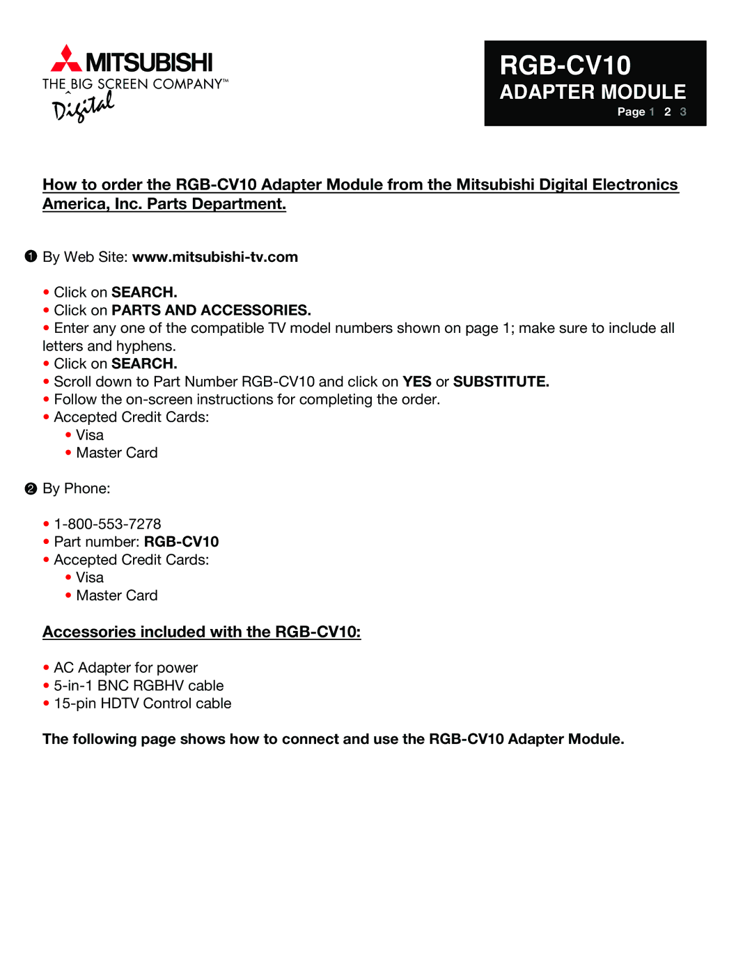 Mitsubishi Electronics specifications Accessories included with the RGB-CV10 