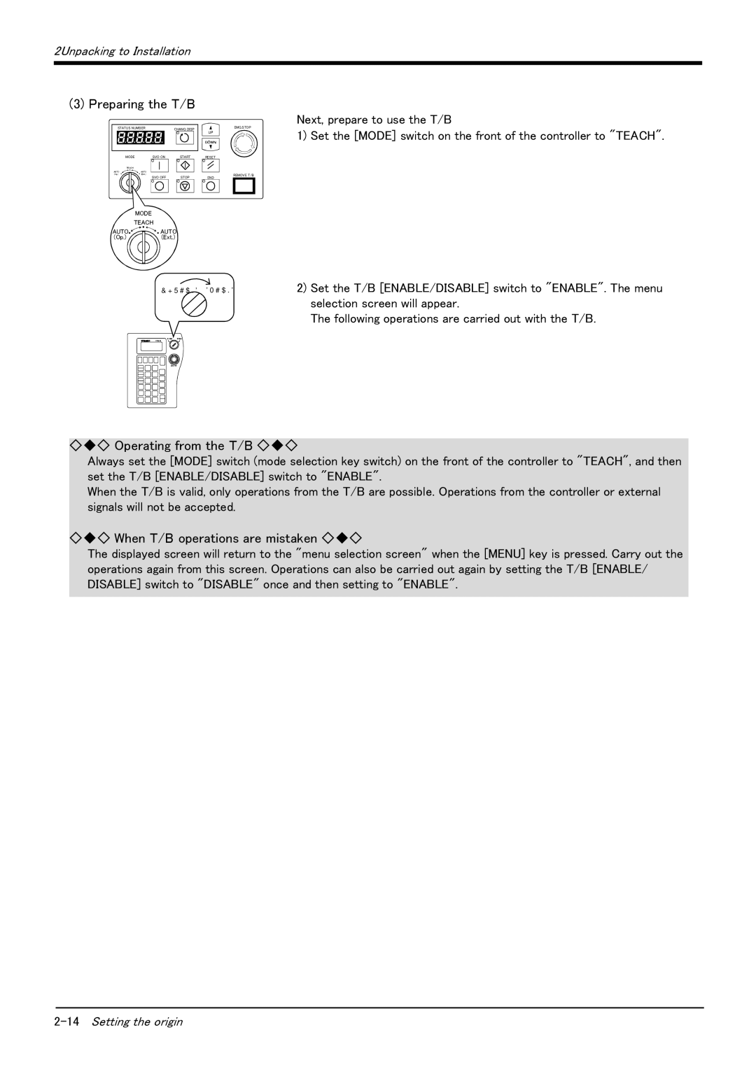 Mitsubishi Electronics RV-6S instruction manual Preparing the T/B, Operating from the T/B, When T/B operations are mistaken 