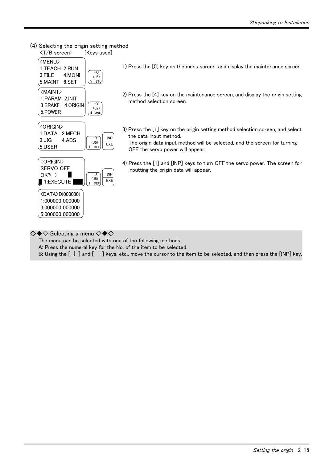 Mitsubishi Electronics RV-6S instruction manual Selecting the origin setting method, Selecting a menu 