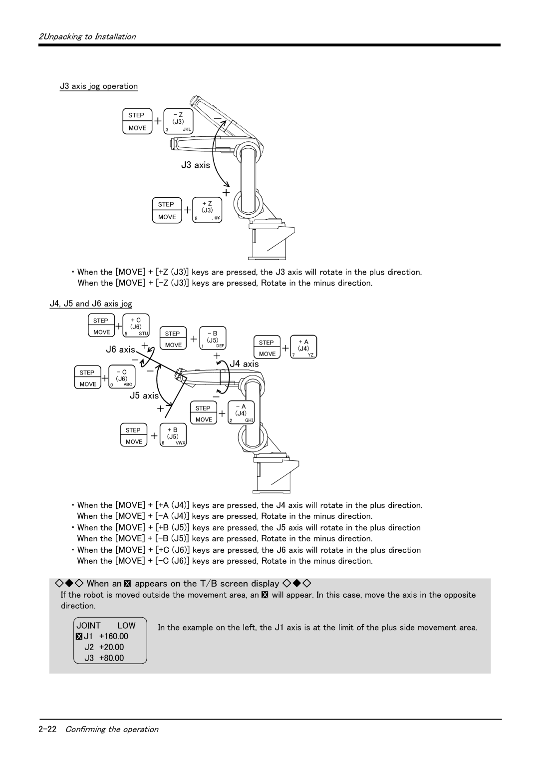 Mitsubishi Electronics RV-6S instruction manual J3 axis, J6 axis ＋, J4 axis, When an XＸ appears on the T/B screen display 