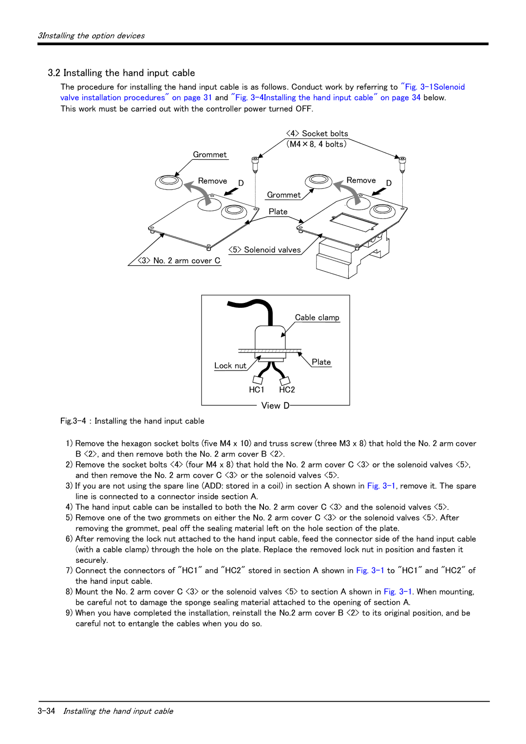 Mitsubishi Electronics RV-6S instruction manual Installing the hand input cable, View D 