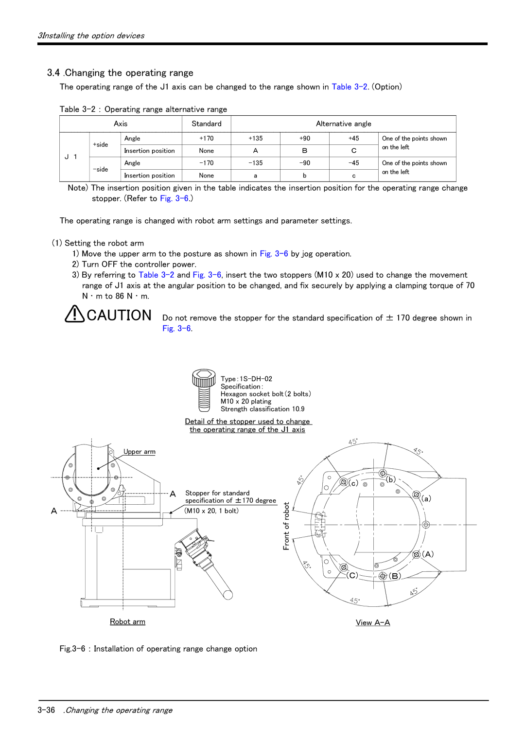 Mitsubishi Electronics RV-6S instruction manual Changing the operating range, Axis Standard Alternative angle 