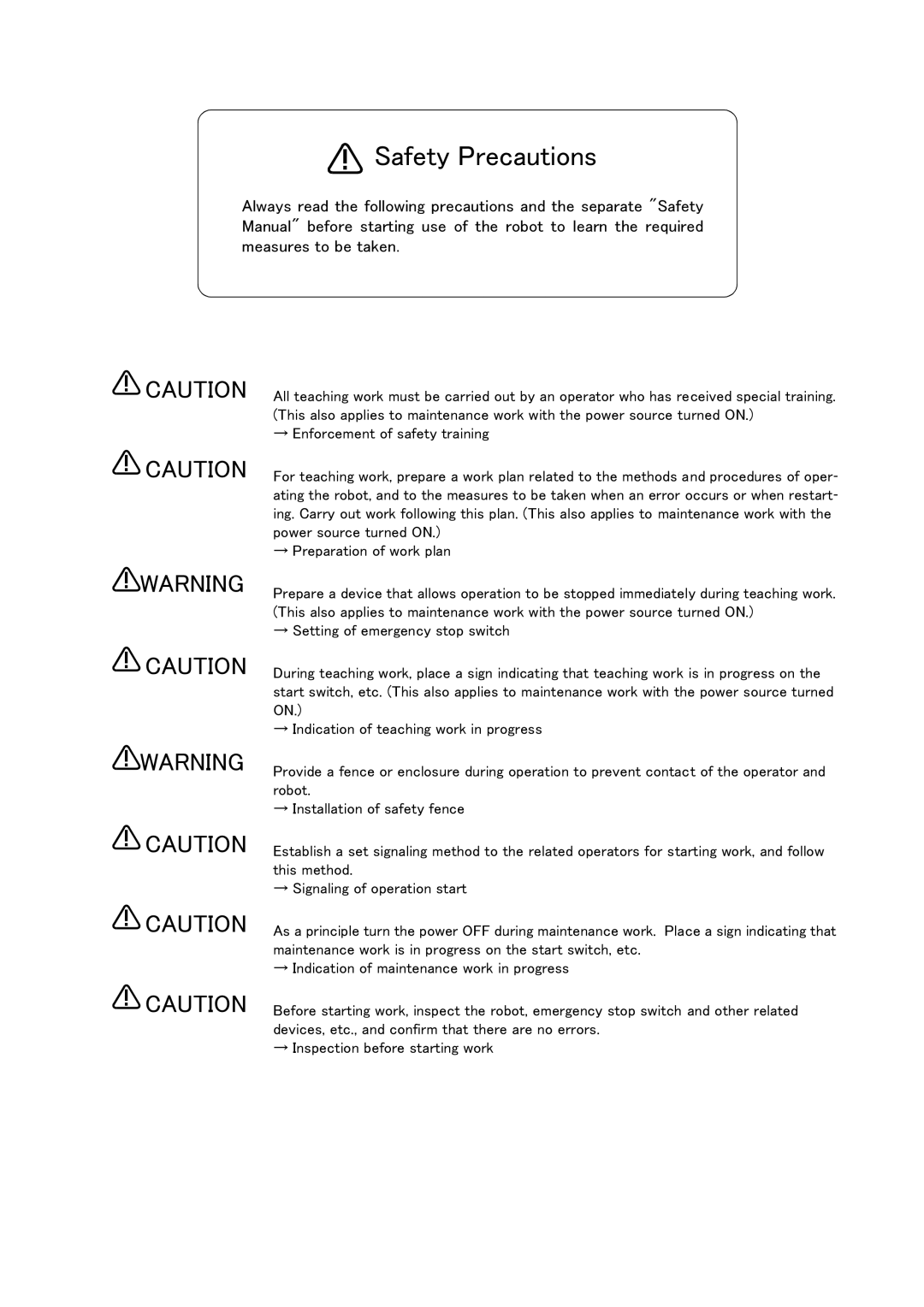 Mitsubishi Electronics RV-6S instruction manual Safety Precautions 