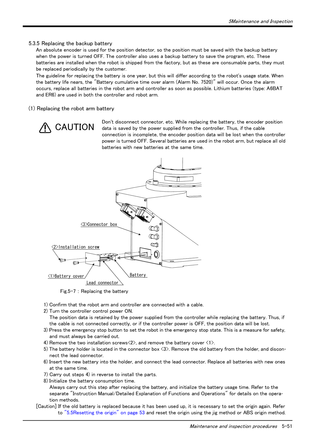 Mitsubishi Electronics RV-6S instruction manual Replacing the backup battery, Replacing the robot arm battery 