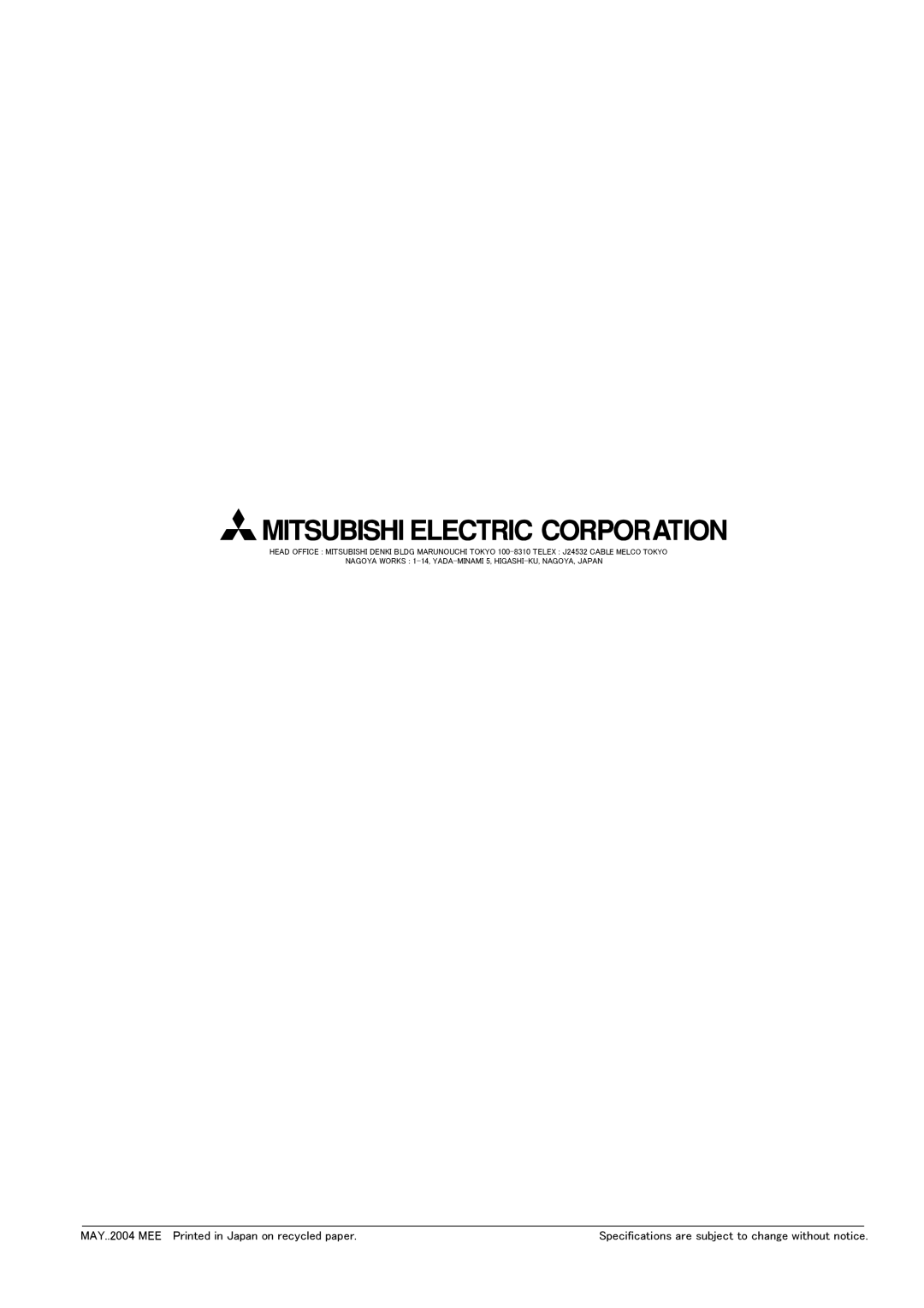 Mitsubishi Electronics RV-6S instruction manual Specifications are subject to change without notice 