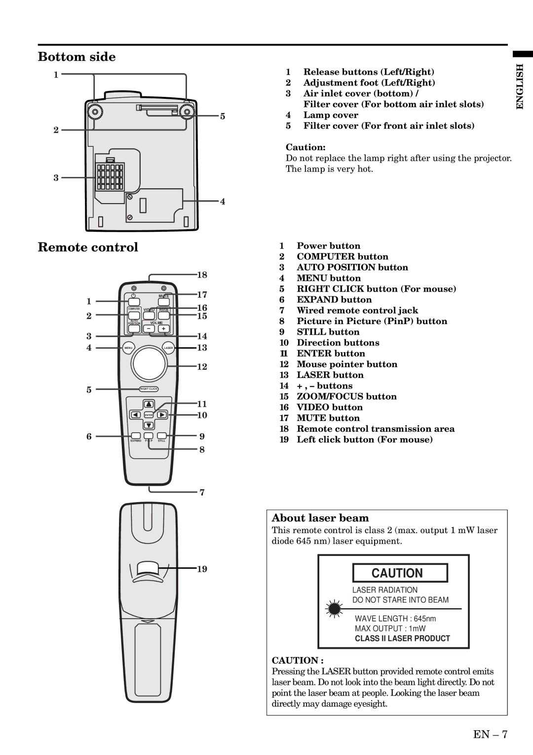 Mitsubishi Electronics X250, S250 user manual About laser beam, Filter cover For bottom air inlet slots 